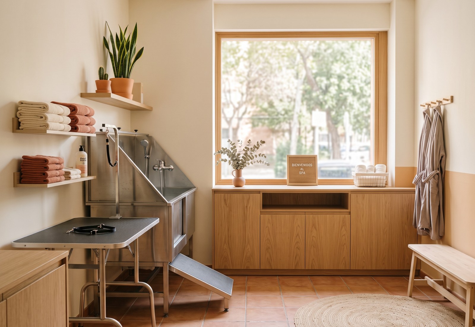 Interior de la estética: mesa de baño, toallas y una planta junto a la ventana